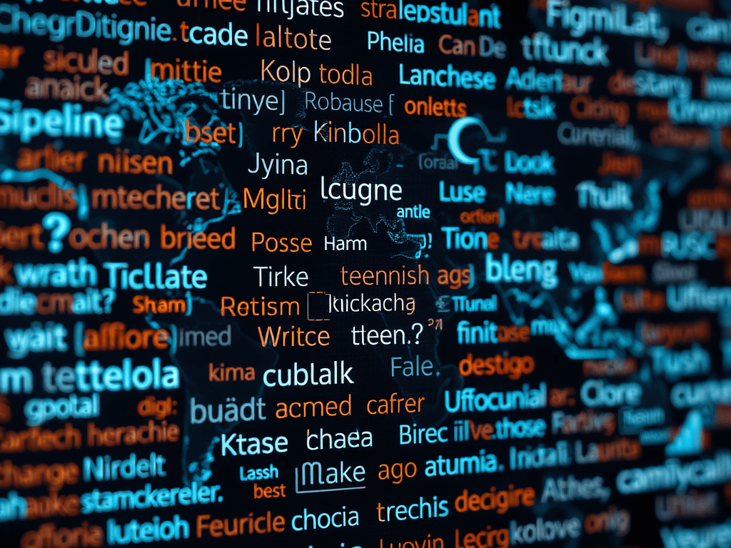 A colorful visualization of various words and phrases displayed against a dark background, with a faint world map silhouette, illustrating the concept of language diversity or multilingual communication.